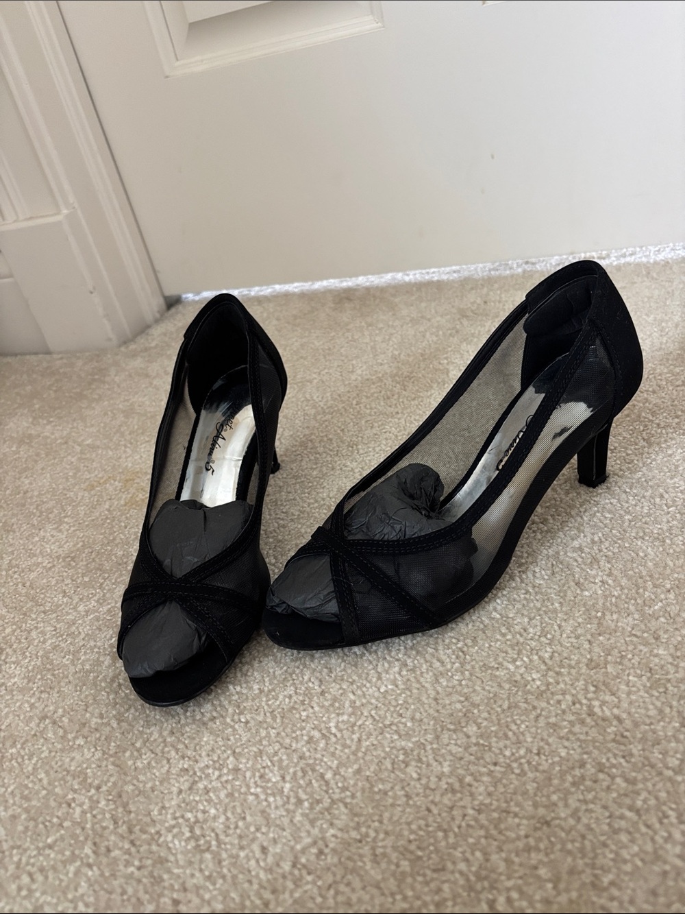 easy street Black Peep-Toe Mesh Heels